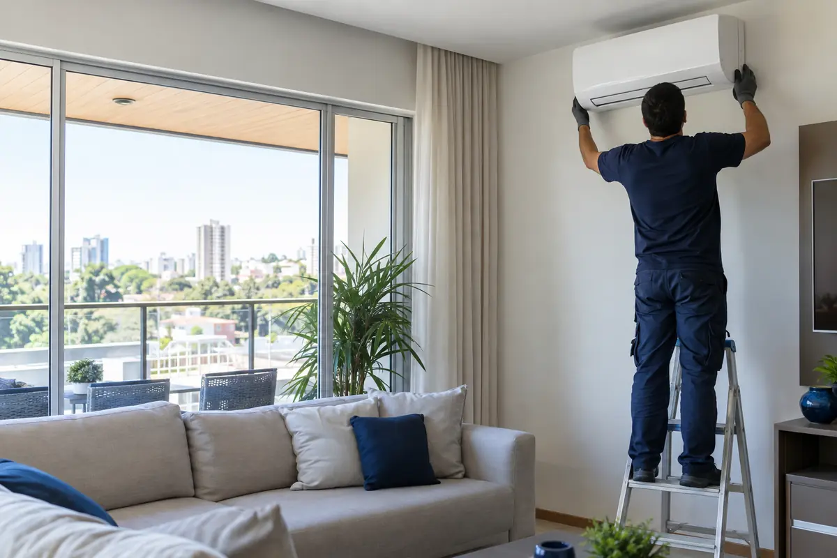 Técnico instalando um ar-condicionado split branco na parede de uma sala