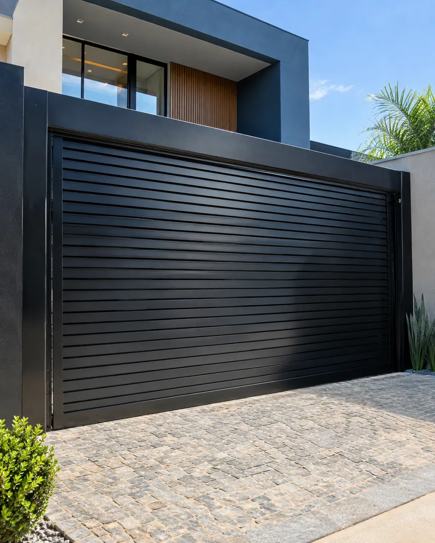 Portão de garagem em alumínio preto de lâminas horizontais em uma casa moderna